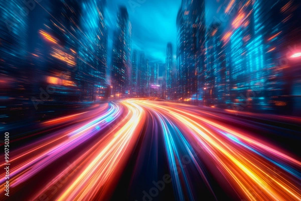 Fototapeta Glowing binary code streams in a high-tech, futuristic digital scene