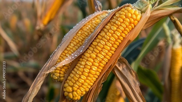 Fototapeta Ripe Corn Stalks Glistening with Morning Dew in a Golden Field. AI Generated