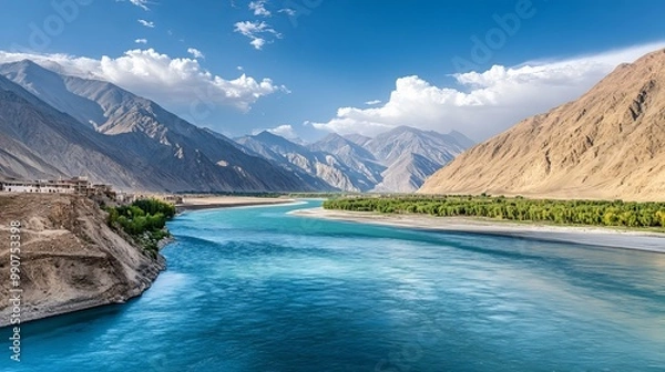 Fototapeta The confluence of the Indus and Zanskar Rivers in Leh, Ladakh, presents a breathtaking view where the two rivers meet, creating a stunning visual contrast.
