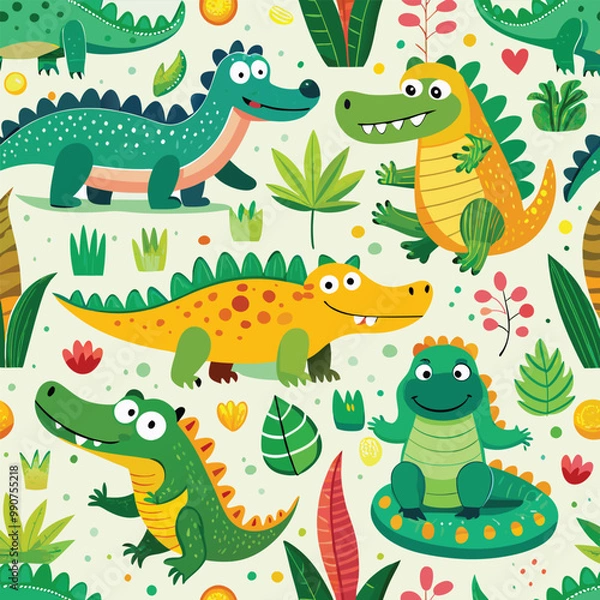 Fototapeta Seamless pattern with cute cartoon colorful crocodiles. Childish jungle vector texture.