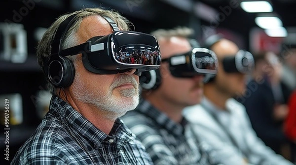 Fototapeta Coworkers discuss VR headset technology, reflecting the adoption of immersive digital tools in the workplace.