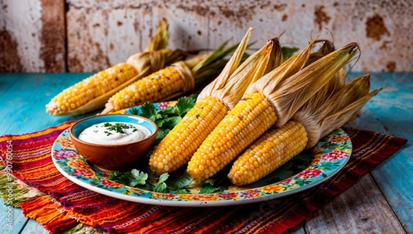 Obraz grilled corn on the cob served on a colorful plate with a bowl of creamy sauce, garnished with cilantro. Rustic wooden background
