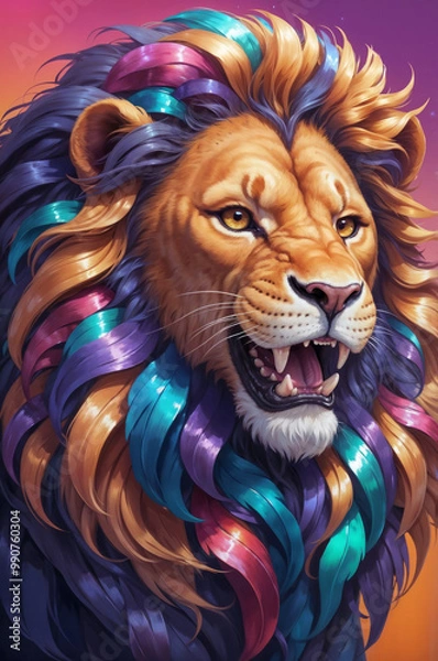 Obraz A vibrant lion with a colorful, flowing mane in shades of purple, blue, gold, and pink, sunset backdrop. The image combines the beauty of nature with a fantastical artistic style