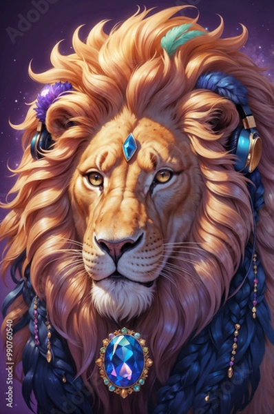 Obraz A vibrant lion with a colorful, flowing mane in shades of purple, blue, gold, and pink, sunset backdrop. The image combines the beauty of nature with a fantastical artistic style