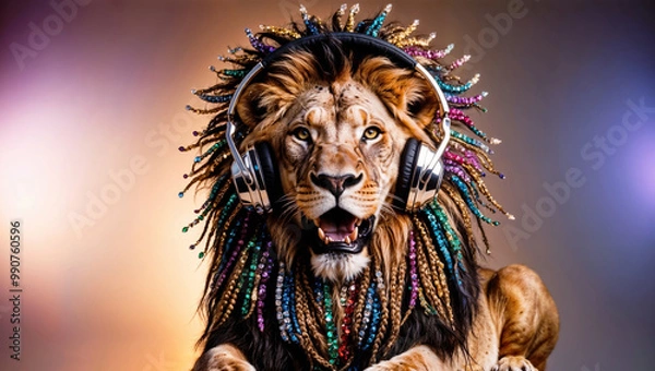 Obraz A majestic lion wearing headphones with a vibrant, bejeweled mane styled in colorful braids. The surreal image combines wildlife with modern music culture and artistic expression