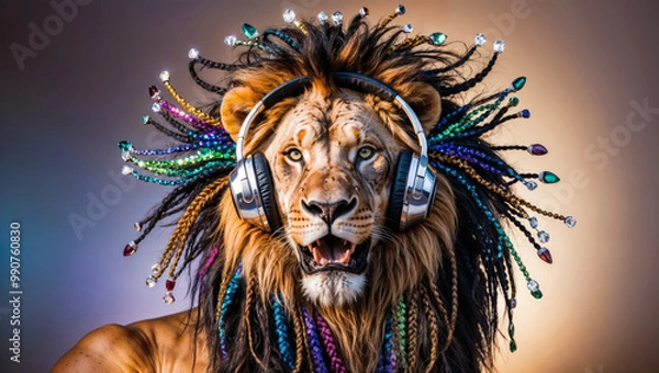 Obraz A majestic lion wearing headphones with a vibrant, bejeweled mane styled in colorful braids. The surreal image combines wildlife with modern music culture and artistic expression