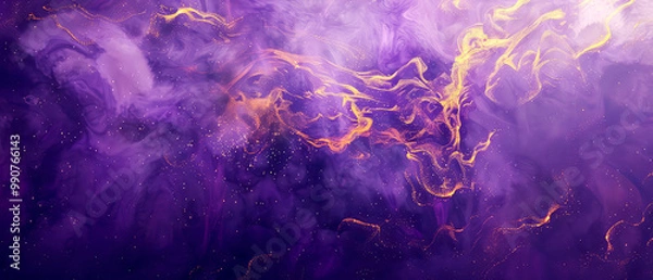 Obraz Shiny, glowing background with purple swirl of smoke, golden dust, shimmer, particles. Steam effect. Smoky mockup for celebrating. Generative ai	