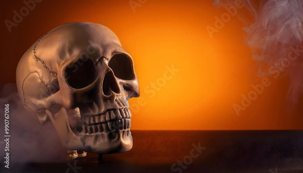 Fototapeta skeleton, skull, halloween, banner, card, design, copy space, closeup, bones, x-ray, smoke, orange, color, minimal, style, fantasy, 3d, human, abstract, background, decoration, art, cartoon, isolated,