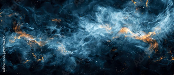 Fototapeta Shiny, glowing background with blue swirl of smoke, golden dust, shimmer, particles. Steam effect. Smoky mockup for celebrating. Generative ai	