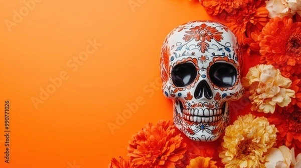 Fototapeta Template for Dia de Los Muertos (Day of the dead), calavera, flowers, orange backdrop, copy space. Generative AI