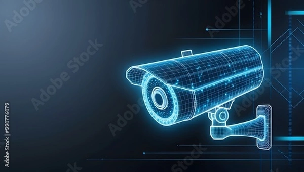 Obraz Wireframe Security Camera on Blue Background