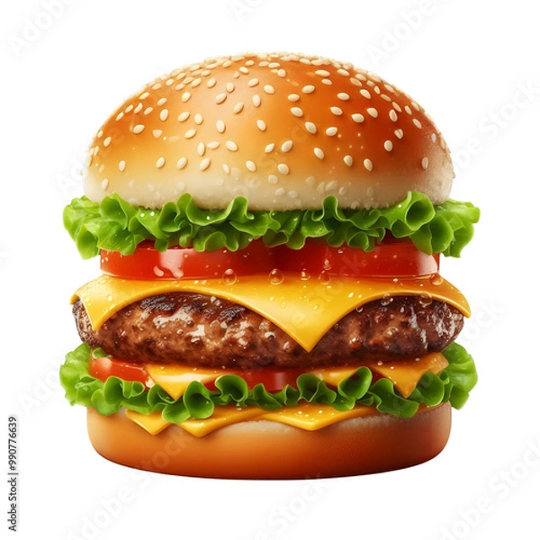 Obraz Classic Cheeseburger with Lettuce, Tomato, and Cheese on Transparent Background