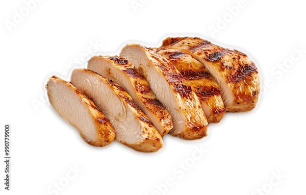 Fototapeta Closeup of grilled chicken breast slices with grill marks on a black background