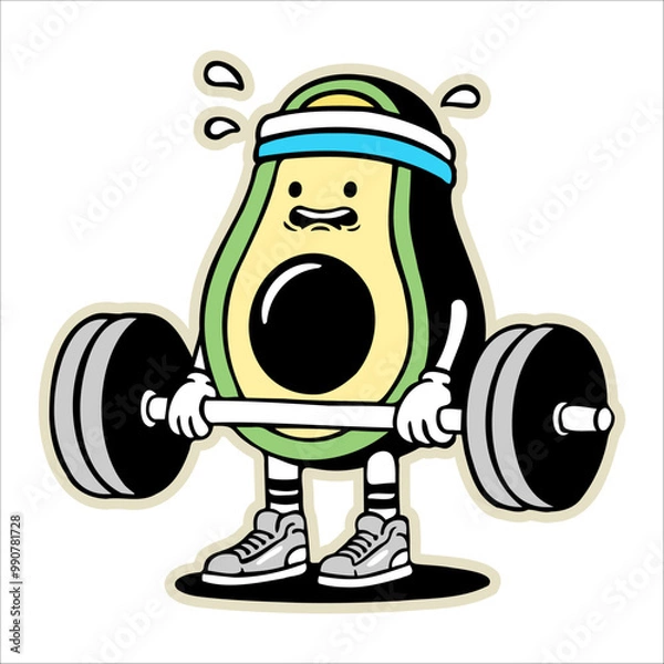 Obraz Hand-drawn Mr. Avocado at the gym lifting weights illustration. Creative sticker symbolizing fitness, health, and humor. Vector illustration for food lovers, gym enthusiasts, and quirky designs.