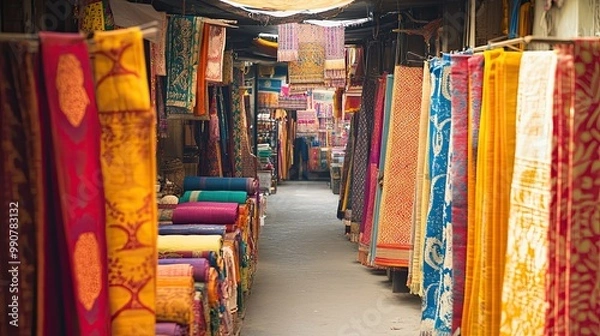 Fototapeta Vibrant Indian Marketplace, artisans display colorful textiles and intricate handicrafts, celebrating diverse cultural craftsmanship and creativity