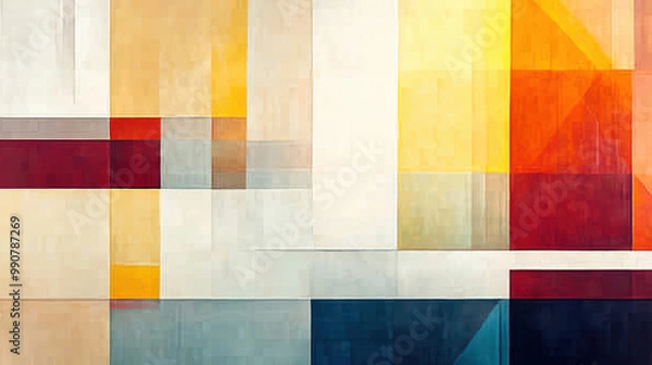 Fototapeta abstract geometric painting with a variety of rectangles and squares in shades of yellow, orange, red, blue, and grey.