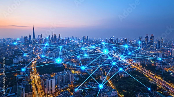 Fototapeta Wide-angle aerial view of the city skyline at night, with glowing connections between buildings and streetlights forming intricate networks representing smart urban infrastructure, featuring digital b