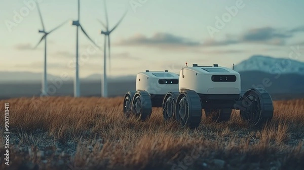 Fototapeta Two white robots stand in a field with wind turbines in the background during a sunset.