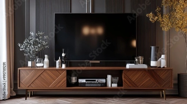 Fototapeta A stylish media console with a large television and curated decor items