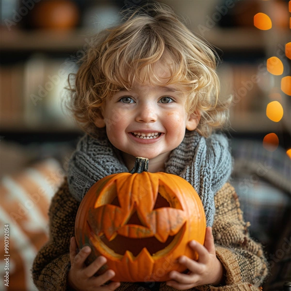 Fototapeta Happy Halloween. Cute cheerful little boy laughs and holding orange pumpkin Jack-o-lantern while in cozy home. Made with generative ai.