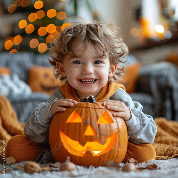 Fototapeta Happy Halloween. Cute cheerful little boy laughs and holding orange pumpkin Jack-o-lantern while in cozy home. Made with generative ai.
