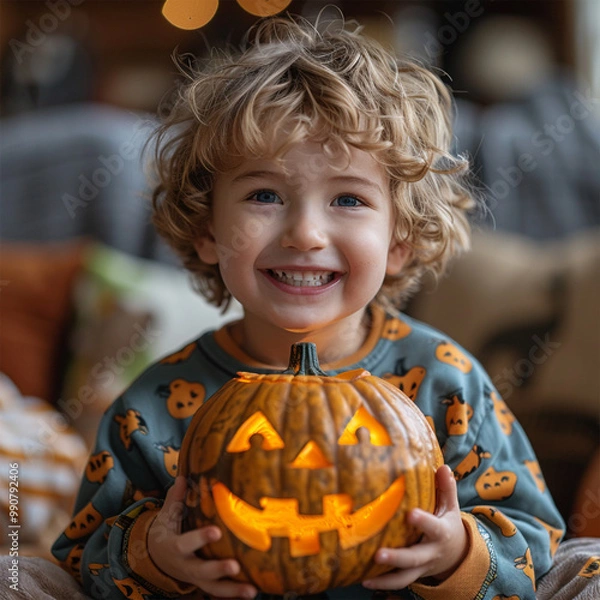 Fototapeta Happy Halloween. Cute cheerful little boy laughs and holding orange pumpkin Jack-o-lantern while in cozy home. Made with generative ai.