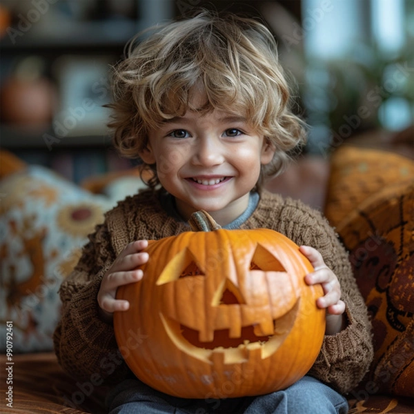 Fototapeta Happy Halloween. Cute cheerful little boy laughs and holding orange pumpkin Jack-o-lantern while in cozy home. Made with generative ai.