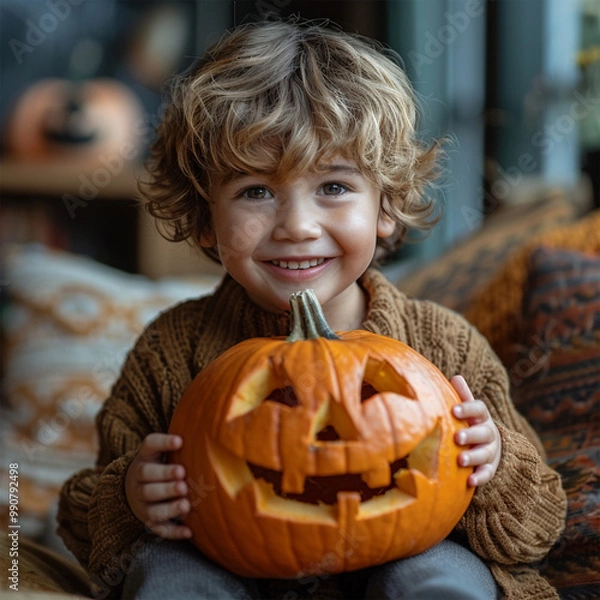 Fototapeta Happy Halloween. Cute cheerful little boy laughs and holding orange pumpkin Jack-o-lantern while in cozy home. Made with generative ai.