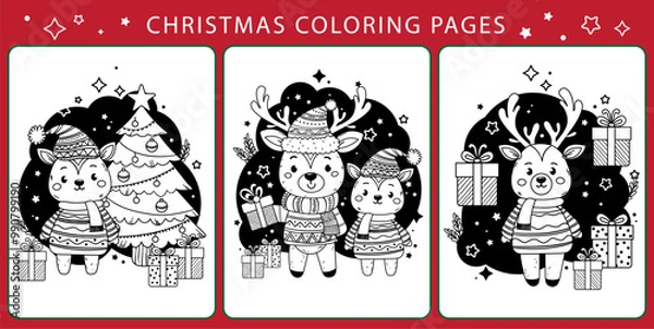 Fototapeta Set of outline coloring pages. Cartoon smiling cute reindeer Rudolph, teddy bear, hare, Christmas tree, gingerbread winter house. Colorful vector illustration, winter coloring book for children.
