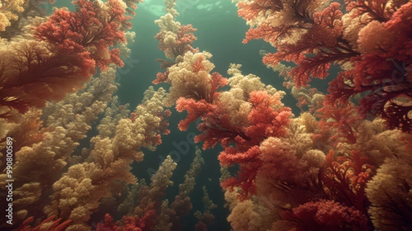 Fototapeta  vibrant underwater scene with large, branching coral formations.