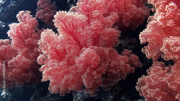 Fototapeta close-up view of vibrant red sea fans, which are a type of soft coral, against a contrasting dark background. 