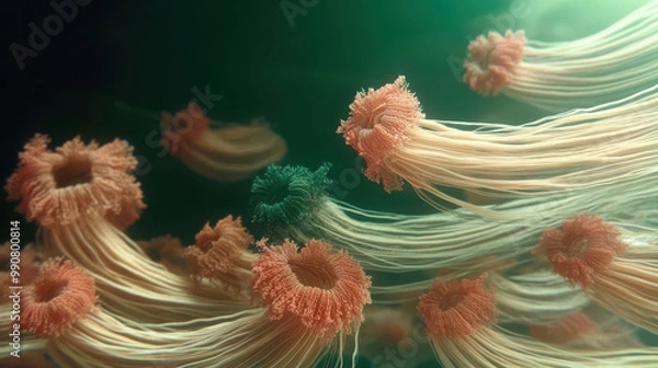 Fototapeta close-up of sea anemones with elongated tentacles in shades of pink and orange against a dark underwater background, highlighting the intricate details of these marine organisms.