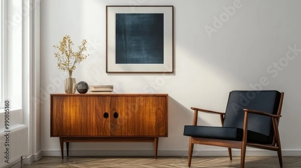 Fototapeta Chair near wooden cabinet and art poster on white wall Interior design of mid-century living room
