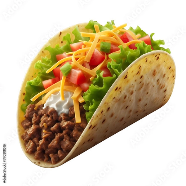 Obraz A soft taco with seasoned beef, lettuce, shredded cheese, and diced tomatoes, on a transparent background