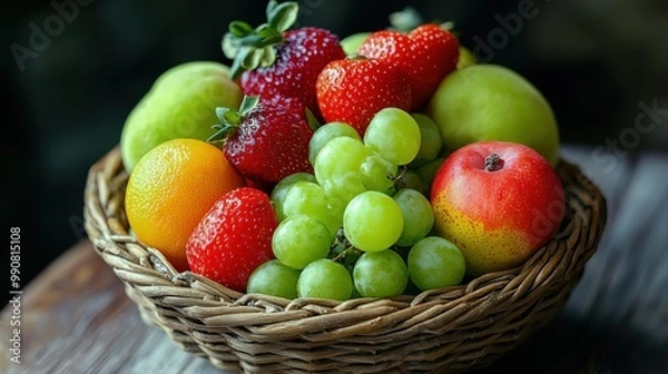 Fototapeta A vibrant assortment of fresh fruits in a woven basket displayed on a wooden surface in natural lighting