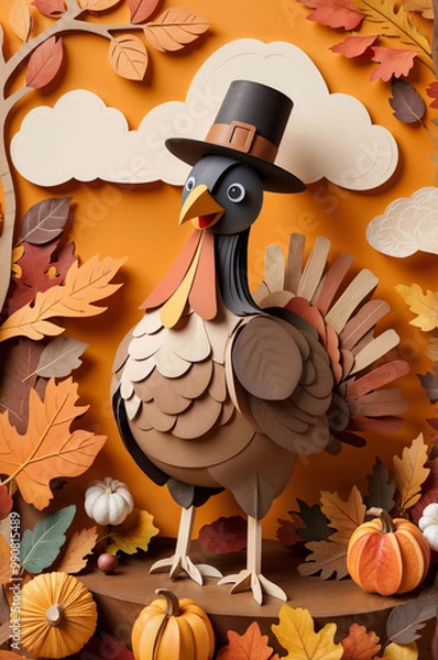 Obraz A whimsical Thanksgiving-themed display featuring a paper turkey with a pilgrim hat among vibrant autumn leaves and pumpkins on an orange backdrop