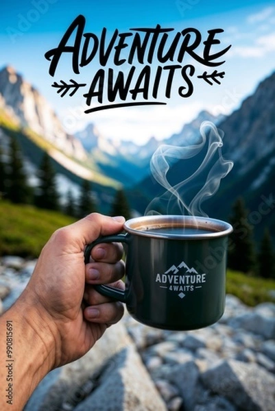 Obraz A man holds a green mug with the text "Adventure Awaits" against a scenic mountain backdrop. The steam rises from the cup, adding to the sense of exploration and outdoor adventure