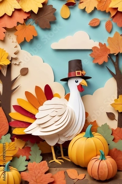 Obraz A whimsical Thanksgiving-themed display featuring a paper turkey with a pilgrim hat among vibrant autumn leaves and pumpkins on an orange backdrop
