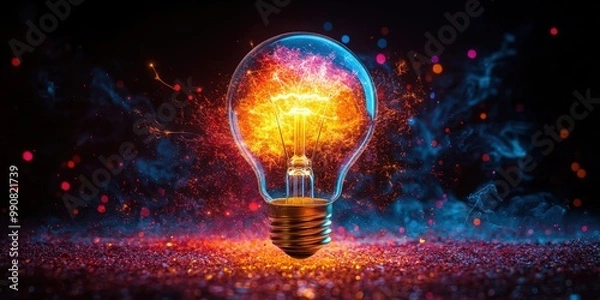 Fototapeta A colorful explosion of sparks from a light bulb in a dark setting at night