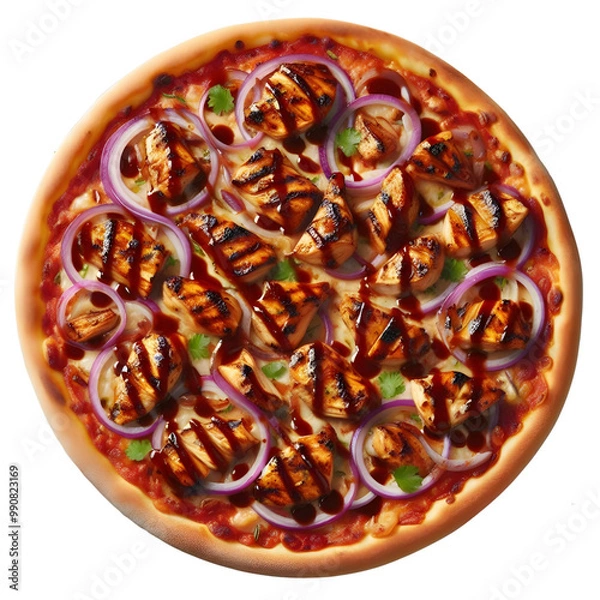 Obraz  A BBQ chicken pizza with grilled chicken, barbecue sauce, red onions on transparent background.