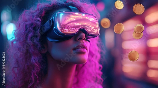 Fototapeta Person uses VR headset with digital gold coins nearby.