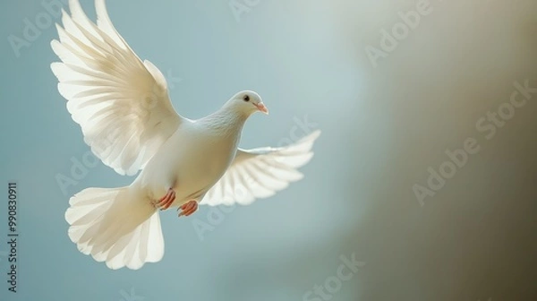 Fototapeta Focused shot of a white dove delicate wings in mid-flight, symbolizing freedom and grace. No logo, clean background.