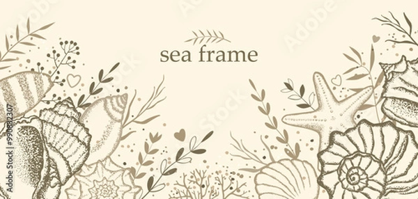 Fototapeta Sea frame with shells and seaweed in beige tones. Decorative elements in a marine style. Template for cards, invitations or other. Vector illustration.