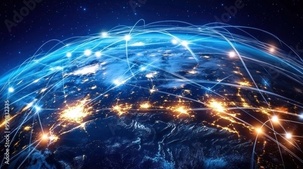 Fototapeta Global Network Solutions for Telecommunication Innovation. Technology Background.