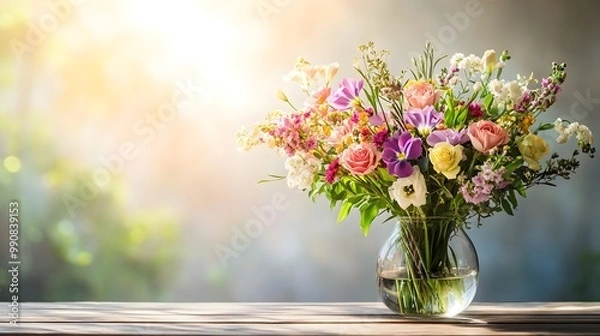 Fototapeta Beautifully Arranged Bouquet of Fresh Flowers in an Elegant Glass Vase Sitting on a Wooden Table Highlighting the Delicate Petals under Soft Natural Lighting
