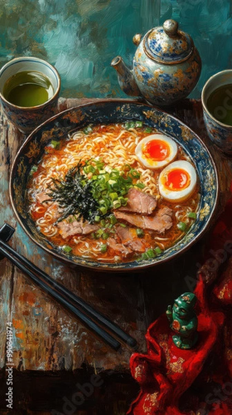 Fototapeta A bowl of ramen with various toppings such as sliced pork and a halved boiled egg, served on a wooden table next to a teapot and cups. 