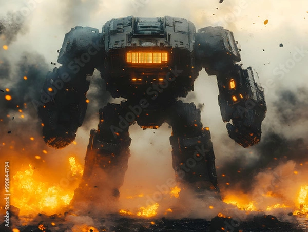 Fototapeta A giant futuristic robot stands amidst flames and smoke, showcasing advanced machinery and power.