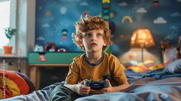 Fototapeta A little teenage boy is sitting in his nursery playing an online video game. A focused young gamer playing a game. A gamer's game console playing with a gamepad, a game console for a guy