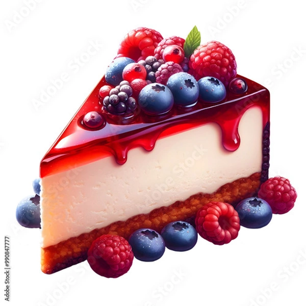 Obraz A slice of rich cheesecake with a berry topping on a transparent background.
