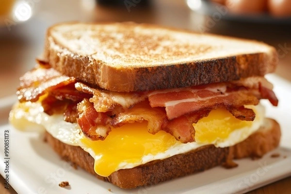 Obraz A close-up of a sandwich made with egg, bacon and cheese